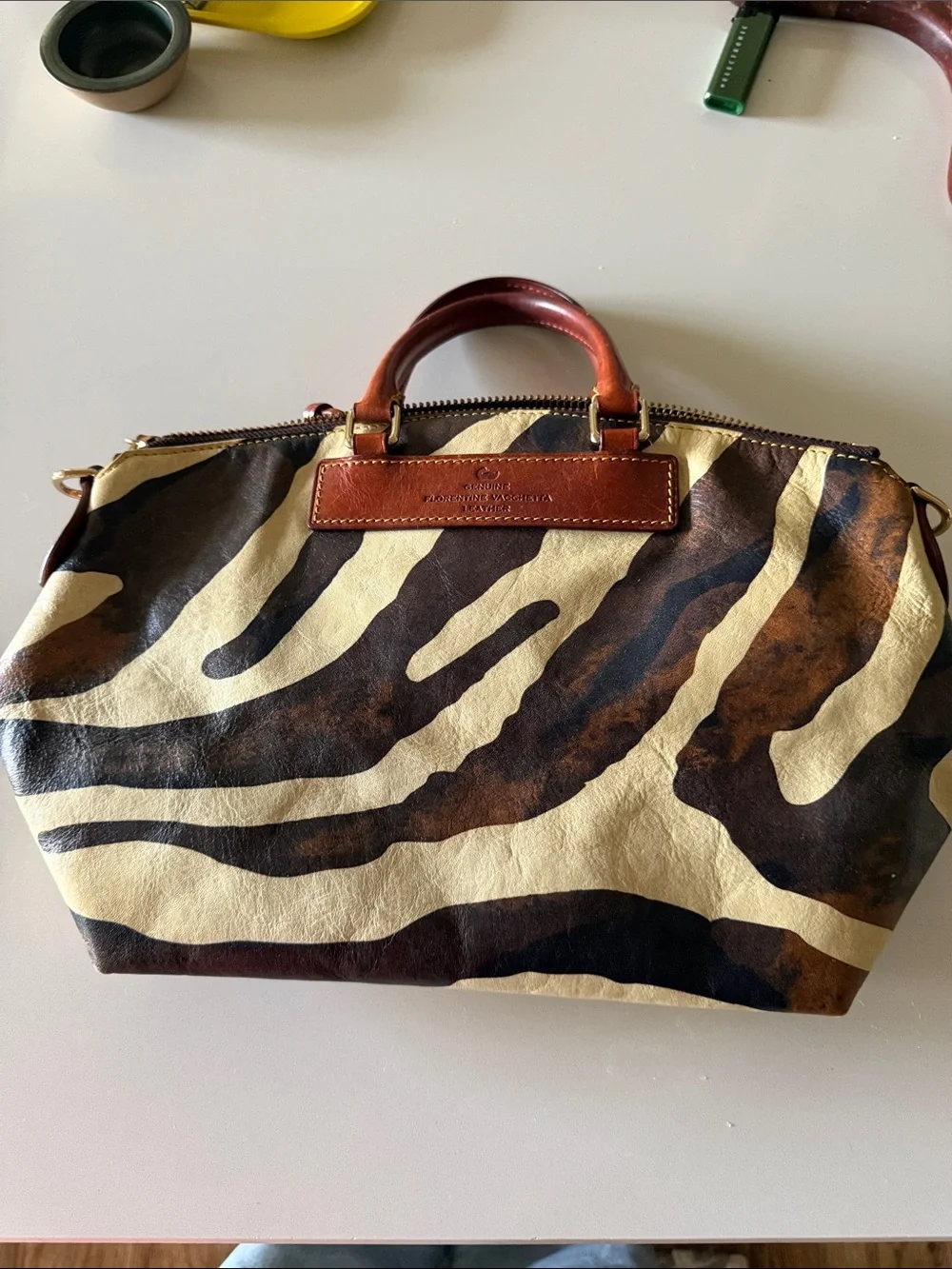 Authentic Dooney & Bourke Brown Cream Zebra-Print Leather Satchel